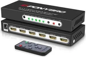 (Newest Version) PONYBRO UHD 4K 60Hz HDMI 2.0 Switch 5 in 1 with Remote, Support Auto-Switching,High Speed-18Gbps,HDR 10,HDCP2.2,Full 3D,1080P, HDMI Splitter for TV 4K.