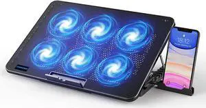 Laptop Cooling Pad Laptop Cooler with 6 Quiet Fans for 12-17 Inch Notebook Gaming Fan Stable Stand 7 Height & Wind Speed Adjustable 2 USB Port & Phone Holder (Black)