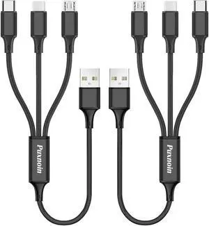 Multi Charging Cable 2Pack Multi Charger Cable Short 1FT Braided Universal 3 in 1 Multiple USB Cable Charging Cord with Type-C Micro USB Port Connectors for Cell Phone Tablets