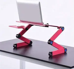 Laptop Stand Adjustable Aluminum Laptop Desk with Cooling Fan Mouse Pad Notebook MacBook Laptops Table Stand for Home Office Ergonomic Lap Desk TV Bed Standing Desk (Rose RED)