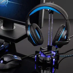 ENHANCE Gaming Headphone Stand Headset Holder with 4 Port USB Hub, Customizable LED Lighting, Flexible Acrylic Neck - Universal Hanger with Weighted Base for Wired or Wireless Headsets - PS4, Xbox, PC