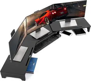 Monitor Stand Riser, 60 inch Large Bamboo Dual Monitor Stand for Desk, 3 Shelves Desktop Screen Riser with Adjustable Length Angle for Computer Laptop PC,Black