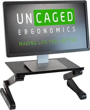 WorkEZ Monitor Stand ergonomic adjustable height and angle single computer monitor riser. Portable folding aluminum holder mount for desktop pc monitors screens organizer black