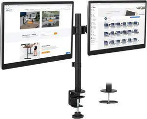 Dual Monitor Mount | Double Monitor Desk Stand | Interchangeable C-Clamp and Grommet Base | Two Heavy Duty Height Adjustable Arms Fit 2 Computer Screens 19 21.5 24 27 32 Inches | VESA 75 100