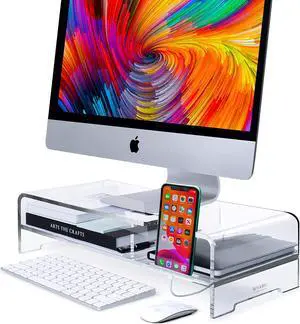 Acrylic Monitor Stand Riser Wide 20 2 Tier Computer Stand with Storage Desk Organizer Desktop Printer Stand Laptop Storage Shelf Screen Holder with Phone Holder(Clear)