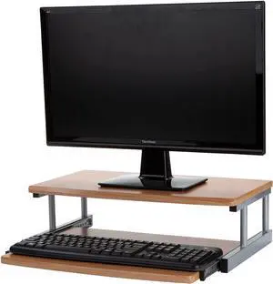 2TSLIDE-BRN 2 Tier Monitor Stand Riser with Sliding Drawer for Keyboard Notebooks Papers Notepads and More Bamboo Brown