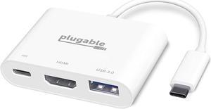 Plugable USB C to HDMI Multiport Adapter, Driverless 3-in-1 USB C Hub with 4K HDMI Output, USB 3.0 and USB-C Charging Port, Compatible with MacBook, Chromebook, Dell XPS, Thunderbolt 3 and More