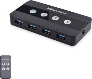 Cable Matters 4 Port USB 3.0 Switch Hub USB Sharing Switch for 4 Computers and USB Peripherals - Button or Wireless Remote Control Swapping - Includes a USB-C Adapter for USB-C and Thunderbolt 3