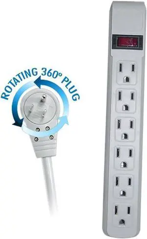 ACL 10 Feet Power Cable with 6 Outlet Surge Protector, Flat Rotating Plug, Horizontal Outlets, Gray, 1 Pack