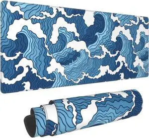 Japanese Blue and White Wave Gaming Mouse Pad XL Large Non Slip Rubber Mousepad Stitched Edges Desk Pad Long Extended Mice Pad 31.5 X 11.8