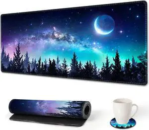 Extended Gaming Mouse Pad XL Large Keyboard Mouse Mat Desk Pad with Stitched Edges Durable Non-Slip Base Mousepad for Home Office Work 35x15.7inch Forest Moon Sky