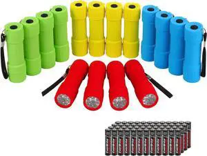 16-Pack Mini LED Flashlight Set - Assorted 4 Colors 48 AAA Batteries Included for Hurricane Supplies Party Favors Kids Gift Camping Hiking etc