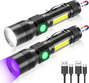 Rechargeable Flashlights, 3 in 1 Super Bright Black Light Flashlights 1200 Lumens, 7 Modes, Zoomable, IPX6 Waterproof Flash Light Recharchable for Camping, Emergency, Pet Clothing Detection 2 Pack