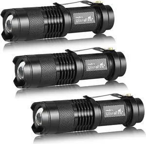ULTRAFIRE 3 Pack Mini Flashlights Focus Adjustable SK68 Single Mode Tactical LED Flashlight, Ultra Bright 300 Lumens Torch