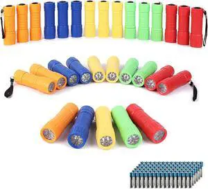 30-Pack Small Mini Flashlight Set 5 Colors 9-LED Handheld Flashlight with Lanyard 90-Pack AAA Battery Included for Kids/Night Reading/Party/Camping/Emergency/Hunting(30 Pack)