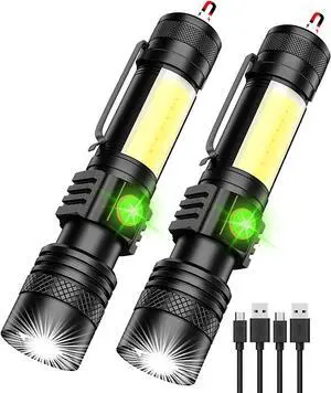 Rechargeable Flashlight, Super Bright LED Flashlight with COB sidelight, Zoomable, Waterproof, 4 Modes, Tactical Flashlight for Camping, Emergency