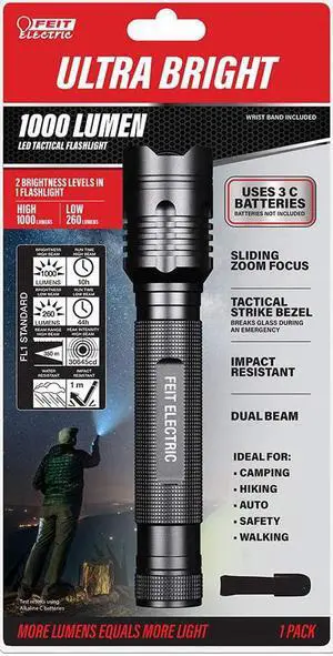 LED Tactical Flashlight - Aluminum Alloy - Zoomable Strike Bezel Illuminate up to 1 000 feet - Adjustable Brightness from 260-1000 Lumen | Requires 3-C Batteries