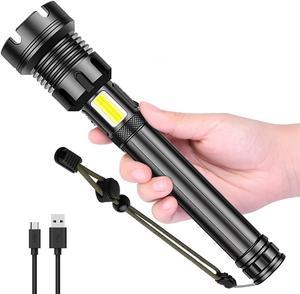 Rechargeable LED Flashlight High Lumens, 90000 Lumen Brightest Tactical Flashlight with 10000mAh Battery, Side Worklight, 7Modes Zoomable High-Power Flashlight&USB Rechargeable for Camping Emergency