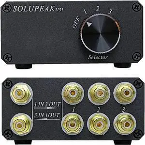 U31 Premium RCA Switch Box, 3 in 1 Out Audio Switch, Stereo Switch Box with Signal Lossless, Sturdy Aluminum case Strong Anti-Interference, Compact Connector Distributor RCA Splitter Boxes