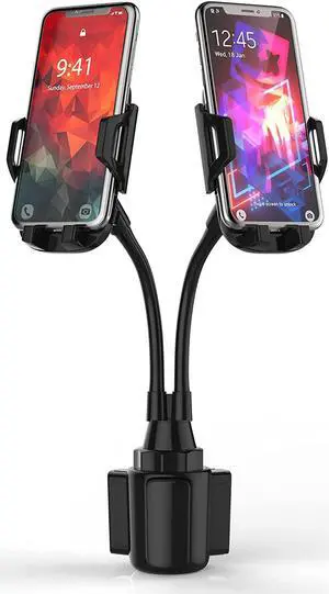 Dual Phone Holder for Car Cup Holder  Long Flexible Neck 360° Rotatable Car Phone Mount - Adjustable Cell Cup Holder Universal Size Fits 2 iPhone  GPS and More (Cradle)