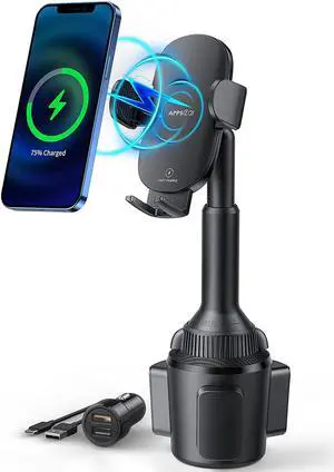 APPS2Car Car Cup Phone Holder Wireless Charger 15W Qi Fast Charging with QC 3.0 Adapter Compatible with iPhone13/13Pro/Max All Smart Phones