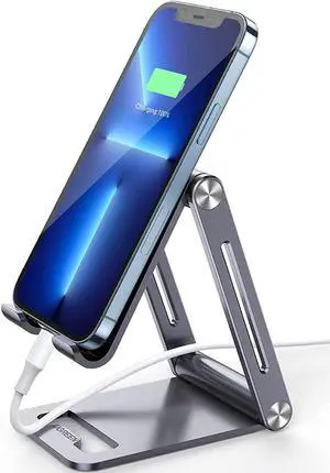 Cell Phone Stand Desk Adjustable Aluminum Mobile Phone Holder Compatible for iPhone 13 12 Pro Max iPhone 11 X SE XS XR 8 Plus 6 7 6S Samsung Galaxy Note20 S20 S10 S9 S8 S7 Smartphone Grey