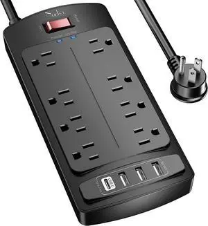 Surge Protector Power Strip - Flat Plug Extension Cord with 8 Outlets and 4 USB Ports 6 Feet Power Cord (1625W/13A) 2700 Joules ETL Listed Black