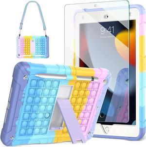 iPad 9th8th7th Generation Case 102 with 9H Tempered Glass Screen Protector Pencil Holder KickstandShoulder Strap for Kids Push Popit Fidget Case for iPad 102 inch 202120202019Rainbow
