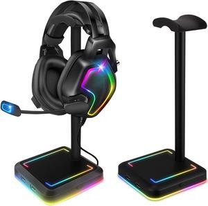 TEEDOR Headphone Stand, RGB Gaming Headset Holder with 2 USB Charger Ports & 10 Lighting Modes for Desktop PC Game Earphone Accessories