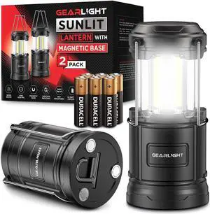 Camping Lantern - 2 Portable LED Battery Powered Lantern with Magnetic Base and Foldable Hook for Emergency Use or Campsites Essential Hurricane Survival Kit with Batteries