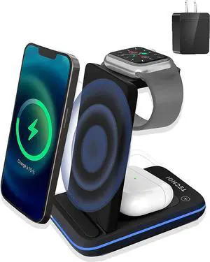 TechQi Wireless Charger 3 in 1 charging station Apple watch charger wireless charging station charging station for multiple devices Apple Samsung wireless charger Apple charging station iWatch charger