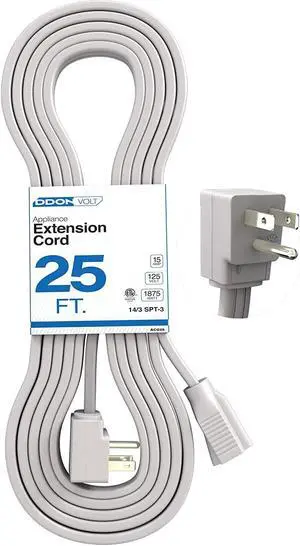 Appliance Extension Cord - 25ft Heavy Duty Gray Extension Wire for Air Conditioner, Refrigerator, & All Major Appliances - 14 Gauge High Voltage 3 Prong Flat-End Appliance Cord, for Indoor use