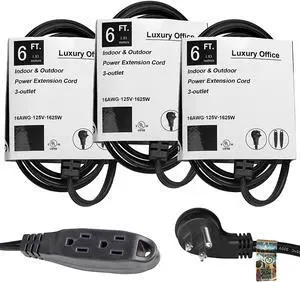 3 Way Power Splitter and 6' Extension Cord, 3 Pack With Angled Plug - 1 to 3 Cable Strip With 3 Pronged Outlets and Long Y Style Wire  Black - SJT 16 AWG  By Luxury Office