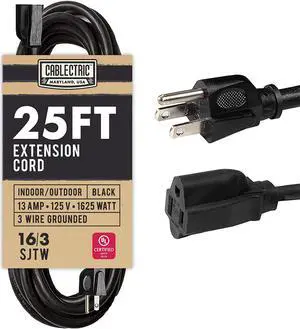 25 Foot Outdoor Extension Cord - 16/3 SJTW Black 16 Gauge Electrical Cable with 3 Prong Grounded Plug