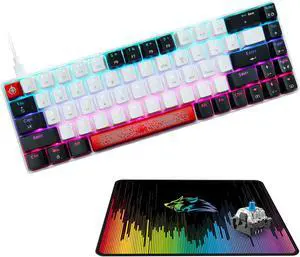 Portable 60% Mechanical Gaming Keyboard True RGB Backlit Compact 68key Samll Keyboard All Keys Anti-Ghost, Type-C USB Waterproof Color Mouse Pad for Windows Laptop PC Mac (White Black & Red Switch)