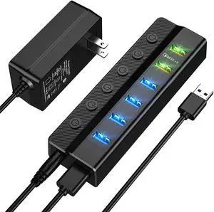 USB Hub 3.0 Powered, 6 Ports USB Hub Splitter (4 High Speed Data Transfer Ports + 2 Smart Charging Ports) with Individual On/Off Switches and 48W Power Adapter for Mac Pro/Mini, PC, HDD, Disk