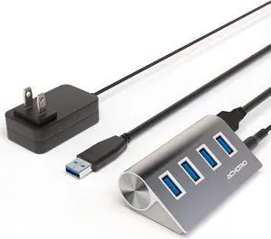 4 Ports Computer USB Hub & Data Transfer Powered USB 3.0 Hub - Premium Quality Extra USB Ports - Aluminium Alloy External USB Port for Computer, Mac, PCs - High-Speed Powered USB Hub (Silver)