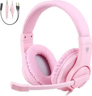 Kids Headphones for Online School, Children, Teens, Boys, Girls, 3.5mm Stereo Over-Ear Gaming Headphone with Microphone and Volume Control for PS4, PS5, New Xbox OnePink