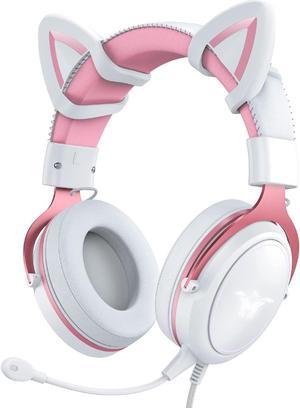PHNIXGAM Cat Ear Gaming Cute Headset, Wired Over-Ear Headphones with Noise Cancelling Microphone, Surround Sound, LED Backlight for PS4, PS5, Xbox One(No Adapter), PC, Mobile Phone, White & Pink