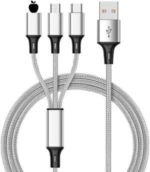 3 in 1 USB Long Charger Cable, 1.2M/3.6Ft 6A PD Fast Braided Charging Cord, Universal Multiple Ports Long Charging Cable with USB C/Micro USB/Lightning Connector Silver