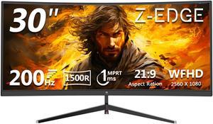 Z-EDGE 30 inch UWFHD 2560 x 1080 21:9 Ultra Wide 200 Hz 1 ms 1500R Curved Gaming Monitor, FreeSync, PIP / PBP, HDMI x 2, DisplayPort x 2, Support VESA Mount
