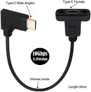 Jimier Cable 90 Degree Left & Right Angled USB-C USB 3.1 Type C Male to Female Extension Data Cable 30cm