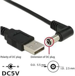 Xiwai Cable USB 2.0 A Type Male to Right Angled 90 Degree 5.5 x 2.5mm DC 5V Power Plug Barrel Connector Charge Cable