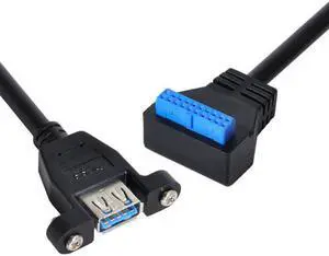 Jimier Cable USB 3.0 Single Port A Female Screw Mount Type to Up Angled Motherboard 20pin Header Cable 90 Degree