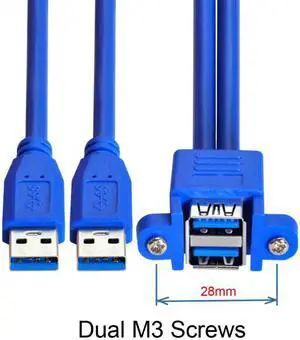 Xiwai Cable Combo Dual USB 3.0 Male to Stackable Female Extension Cable 50cm with Screw Panel Mount Holes