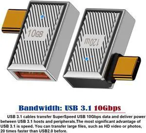 Chenyang USB-C USB 3.1 Type C Male to USB 3.0 A Female 10Gbps OTG Data 120W Power Left Right Angled Adapter Alloy Shell Mecha Cyberpunk Style