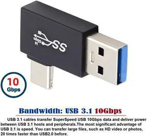 Xiwai Right Angled USB3.0 Type A Male to USB 3.1 Type C Male Data 10Gbps Charge Adapter 90 Degree for Laptop Phone