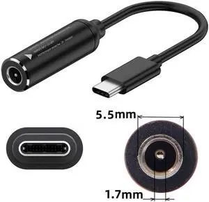 Jimier DC Jack 5.5x1.7mm Input to USB-C Type-C Power Plug Charge Cable for Laptop Phone PD9V 5V 20V