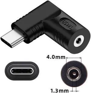 Jimier DC Jack 4.0x1.3mm Input to USB-C Type-C Angled 90 Degree Power Plug Charge Adapter for Laptop Phone
