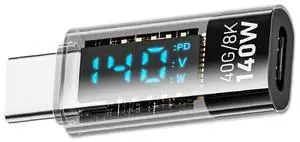 Jimier Type-C Smart LED Display USB-C Male to Female Extension Adapter USB4.0 40Gbps 140W Current Voltage Monitoring Tester Detector